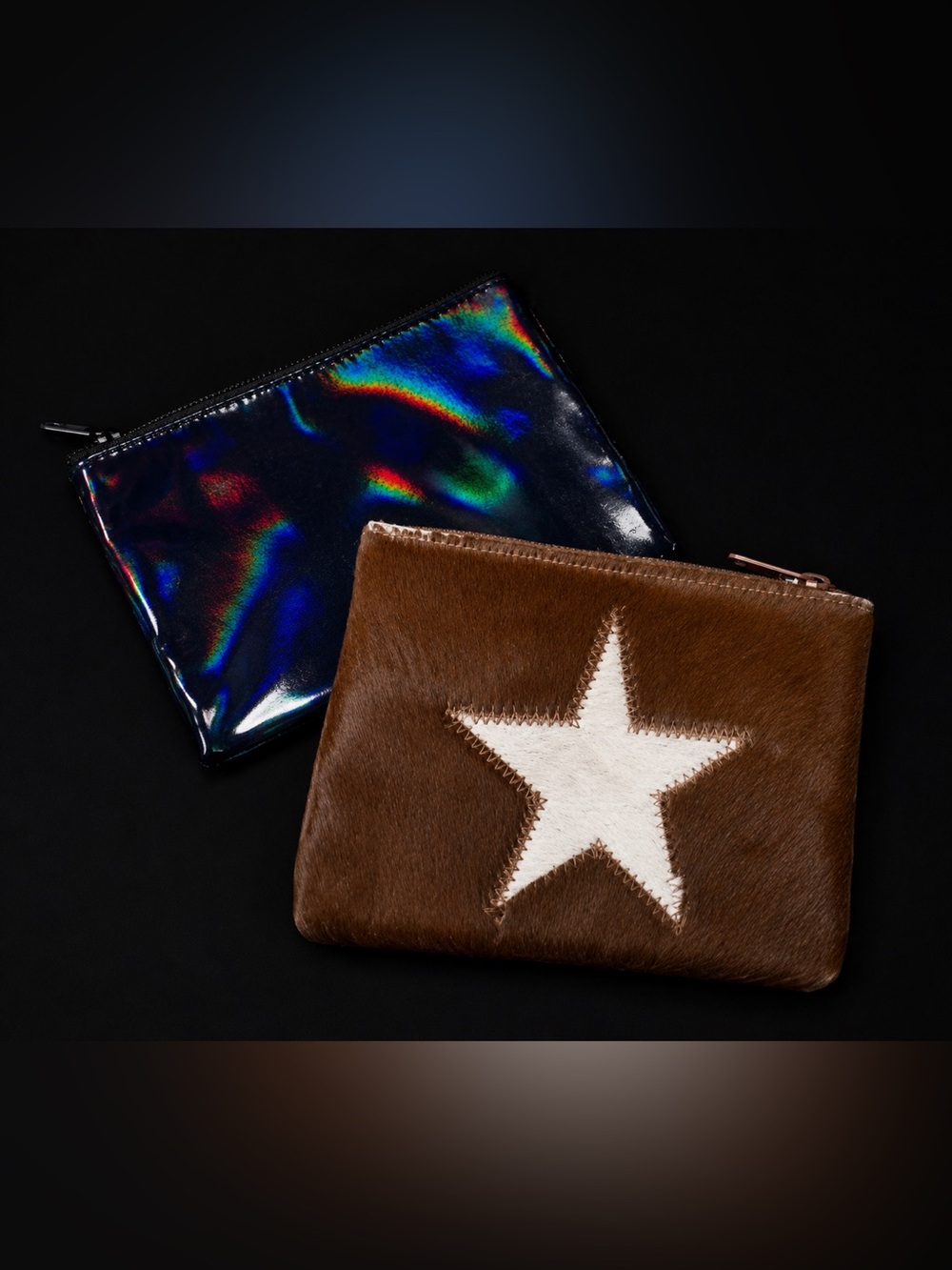 Lot of 2- cow hide Star Pouch and Iridescent Black Zip Wallet